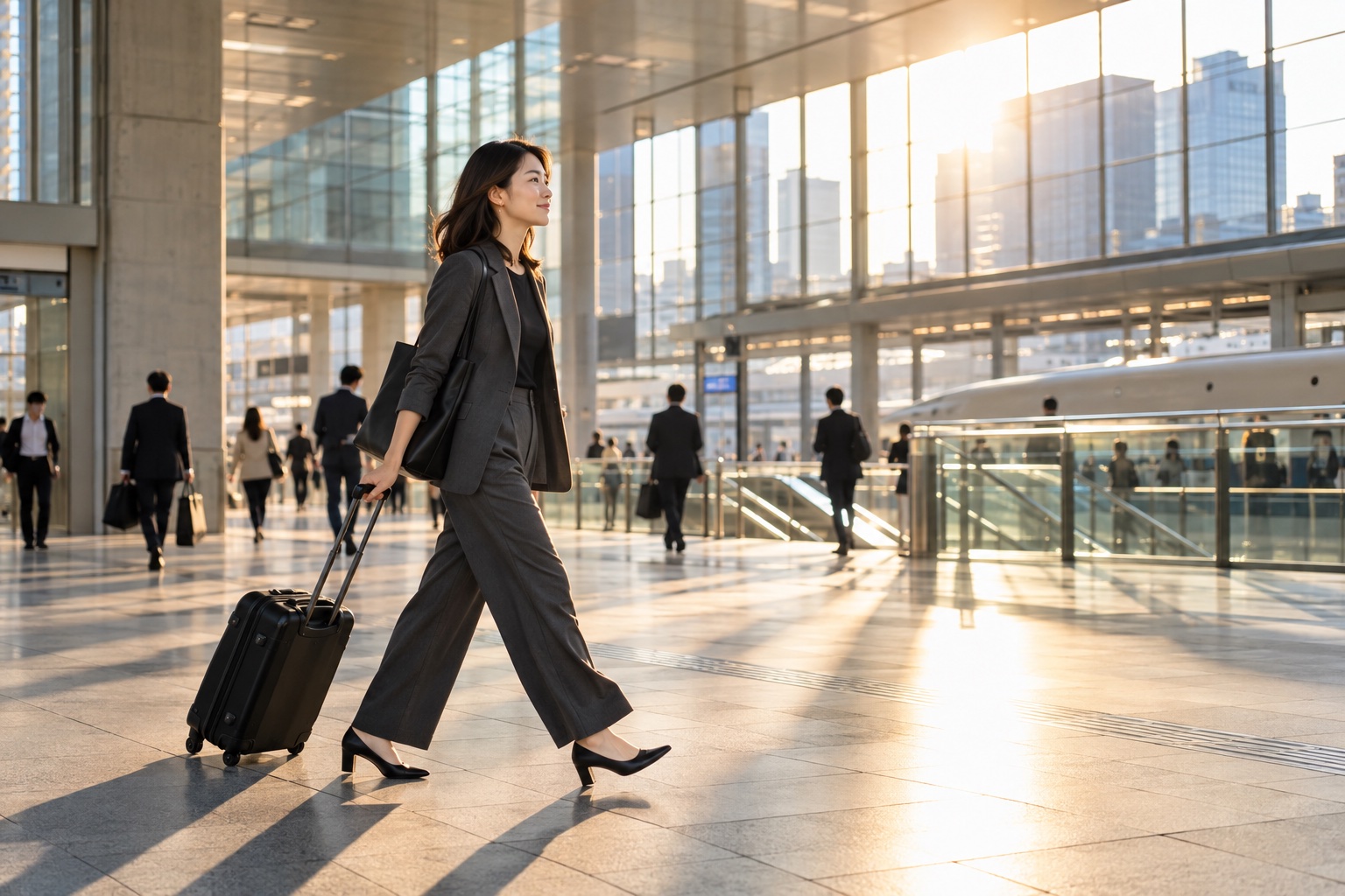 出張から戻り、スーツケースとともに駅を歩く女性